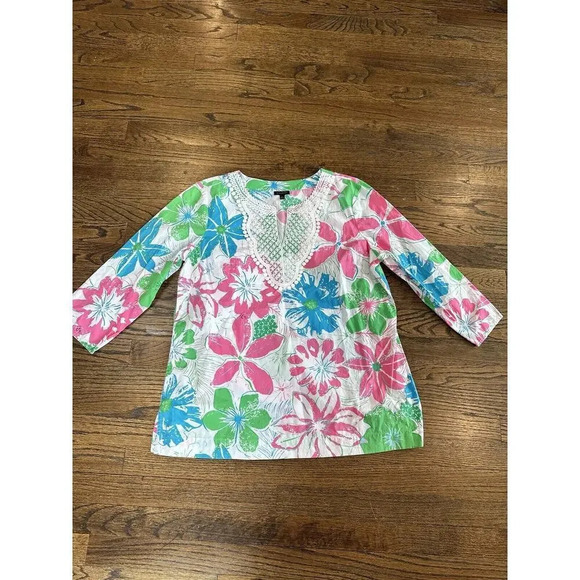 Talbots Womens Large Bright Floral 3/4 Sleeve Popover Cotton V-Neck Top X0917 - Picture 1 of 12